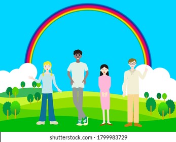 people and the green field peaceful illustration