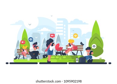 People in green park using gadget. Man and woman in social media. Vector illustration
