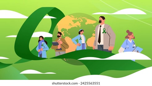 people with green ribbons celebrating world mental health day awareness month horizontal