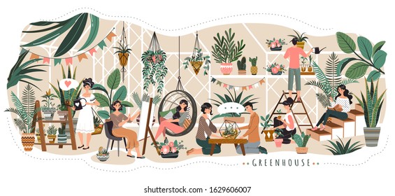 People in greenhouse coworking space for rest and work watering plants and talking with friends, vector illustration. Home plants flowerpots, men and women growing houseplants. Relaxing greenhouse