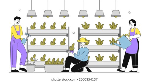 People in greenhouse. Men and woman with watering can take care of tropical leaves and plants in flowerpots. Botany, gardening and horticulture. Linear vector illustration isolated on white background