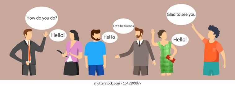 People greet each other. A group of people communicates with each other. Imitation of communication people isolated. Men and women talk among themselves.Flat, vector cartoon illustration. Vector.