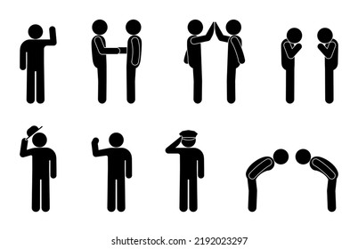 people greet each other, man icon, stick figure pictogram, bow illustration