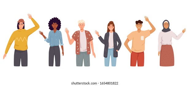 People greet gesture flat vector illustration set. People wave hello. Men, women in casual wear say hello. 