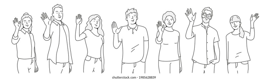 People greet with a gesture, wave hand. Hand drawn vector illustration.