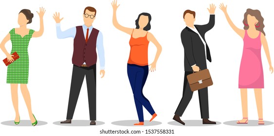 People greet and wave their hand. A group of people, men and women wave their hands in greeting. Cartoon vector illustration in flat design.