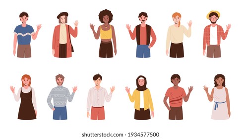 People greeting concept. Large set of diverse multiracial people standing waving their hands isolated on white for design elements, colored vector illustration. Male, female caucasian, african people.