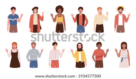 People greeting concept. Large set of diverse multiracial people standing waving their hands isolated on white for design elements, colored vector illustration. Male, female caucasian, african people.