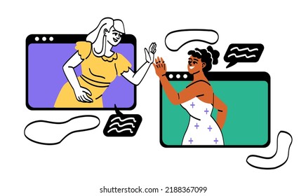 People greeting each other concept. Smiling teenage girls look out of web windows and give high five. Friends communicate online. Virtual meeting or remote video call. Cartoon flat vector illustration