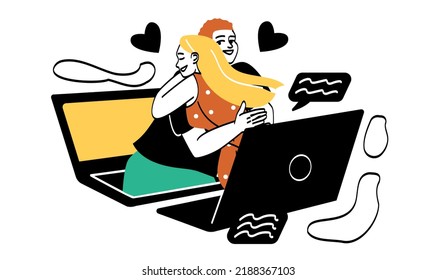People greeting each other concept. Young happy man and woman look out from laptop screens and hug. Couple on remote romantic date or virtual meeting. Cartoon flat vector illustration in doodle style