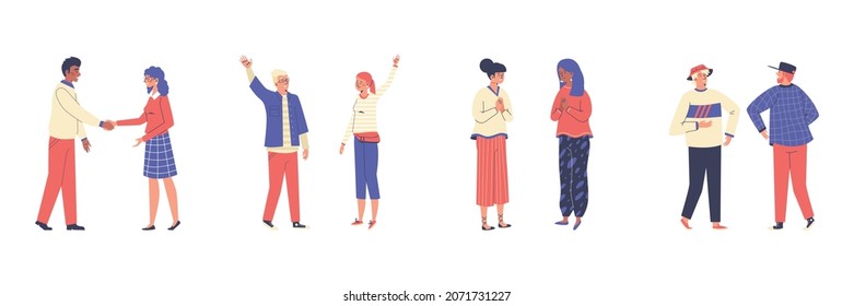 People greeting each other in different ways and with various gestures. Contactless and traditional greeting, flat vector illustration isolated on white background.