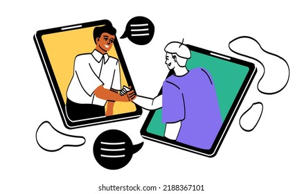 People greeting each other. Male entrepreneurs or partners look out from tablet screens and shake hands. Online communication, video conference or virtual meeting. Cartoon flat vector illustration
