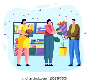 People greeting friend with birthday. Man and woman giving presents and flower bouquet to colleague at working place. Special occasion on work. Surprised and moved personage vector in flat style