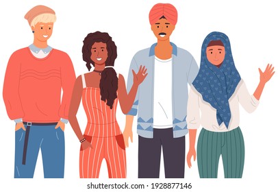 People greeting gesture. Different nations representatives waving hand saying hi. Men, women say hello. People waving hands and gesturing in friendly way. Characters wave their hand and say welcome hi