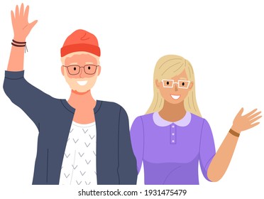 People greeting gesture. Different nations representatives waving hand saying hi. Men, women say hello. People waving hands and gesturing in friendly way. Characters wave their hand and say welcome hi