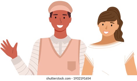 People greeting gesture. Different nations representatives waving hand saying hi. Men, women say hello. People waving hands and gesturing in friendly way. Characters wave their hand and say welcome hi