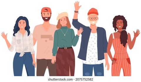 People Greeting Gesture. Different Nations Representatives Waving Hand Saying Hi. Men, Women Say Hello. People Waving Hands And Gesturing In Friendly Way. Characters Wave Their Hand And Say Welcome Hi