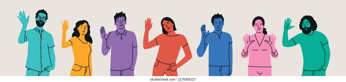 People greeting gesture. Different nations representatives waving hand saying hi. Vector illustration.