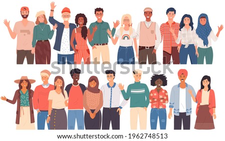 People greeting gesture. Different nations representatives waving hand saying hi. Men, women say hello. People waving hands and gesturing in friendly way. Characters wave their hand and say welcome hi