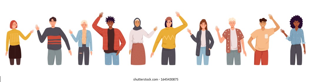 People greeting gesture flat vector illustrations set. Different nations representatives waving hand. Men, women in casual clothes say hello.