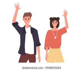 People greeting gesture. Man, woman in casual clothes say hello. People waving hands and gesturing in friendly way. Characters wave their hand