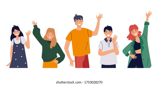 People greeting gesture. Smiling people waving hands. Happy friends, students say hello. Friendship concept. Flat cartoon vector illustration.