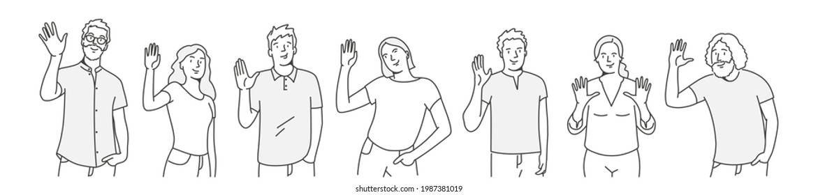 People greeting gesture. Students waving hand saying hi. Hand drawn vector illustration.
