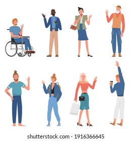 People in greeting gesture vector illustration set. Cartoon flat young woman, girl student and hipster, bearded old man and businessman, disabled person in wheelchair waving hand isolated on white