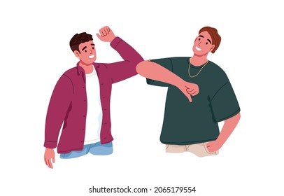 People greeting, giving elbow bump. Happy men friends meeting, saying hi avoiding touching with arms and bodies at social distance. Colored flat vector illustration isolated on white background.