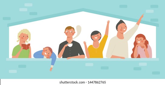 People are greeting through the windows. People leaning on the window. People who drink tea or read books at the window.  flat design style minimal vector illustration.