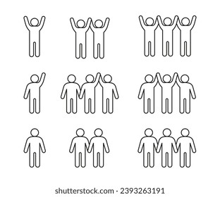 People greeting, wave hand, success, line icon. One, two and three person hands up. Happy respect on meeting, fan of game. Losing and winning at competition. Vector illustration