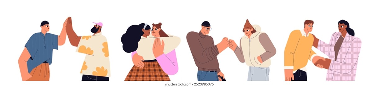 Personas saludo, bienvenidos unos a otros conjunto. Los amigos se abrazan, dan cinco chocadas, golpes de puño para saludar. Hombres y mujeres felices apretón de manos, gesticulando la mano cuando se encuentran. Ilustraciones vectoriales aisladas planas en blanco