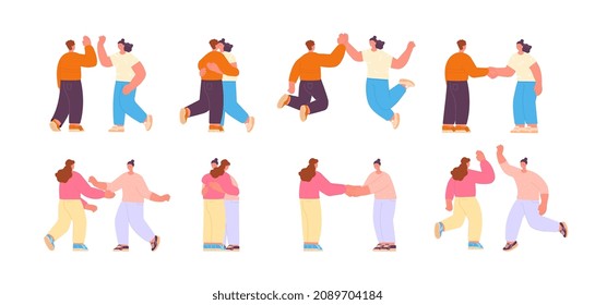 People greetings characters. Waving hands friends, greet acted person. Happy woman and men, friendship. Isolated flat welcome signs utter vector set