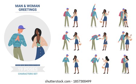 People greetings poses vector illustration set. Cartoon man woman friends characters greet, posing, handshaking and hugging during meeting, animation greetings gestures collection isolated on white