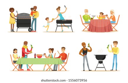 People grill and eat barbecue. Vector illustration.