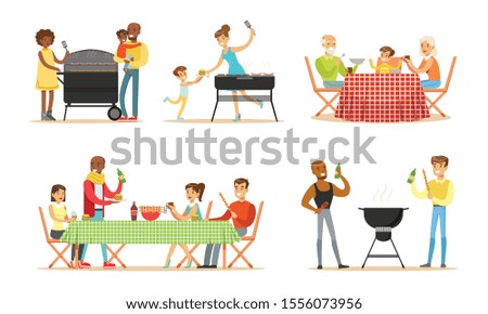 People grill and eat barbecue. Vector illustration.