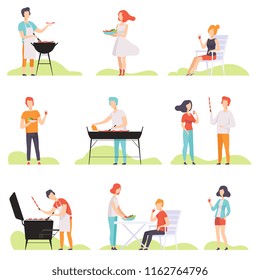 People grilling barbecue on a grill, men and women having outdoor bbq party vector Illustrations on a white background