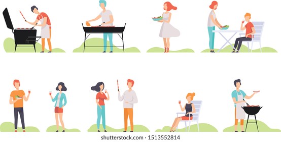 People grilling barbecue on a grill, men and women having outdoor bbq party vector Illustrations on a white background