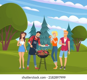 People grilling meat, cooking food. Friends preparing steak for picnic, Cartoon characters on barbeque. Men and women spending weekends together. Barbecue, picnic, outdoor recreation concept