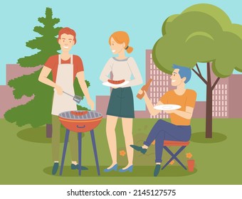 People grilling meat, cooking out. Man and woman preparing steak for picnic, Boyfriend and girlfriend on barbeque. Couple or friends spending weekends together. Barbecue, picnic, outdoor recreation