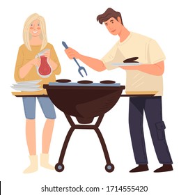 People grilling meat, couple cooking out. Man and woman preparing steak for picnic, boyfriend and girlfriend on barbeque. Brother and sister or friends spending weekends together, vector in flat style