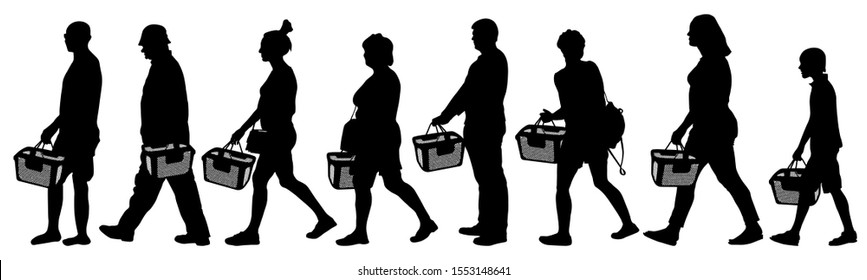 People with grocery baskets. Shopper basket. Set vector silhouette