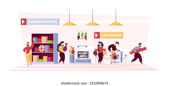 People in grocery. Product shelves and person buyers walking with basket organizing grocery sales garish vector background
