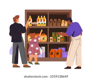 People at grocery store choosing beverages at shelf. Vector shop with dairy drinks, juice and coffee. Shoppers explore aisle with food items. Consumer, buyer and supermarket display. Shopping interior