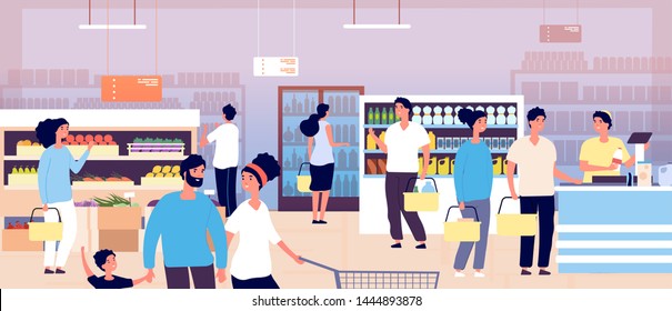 People in grocery store. Customers buying food in supermarket. Shopping customers choosing products. Consumerism vector concept. Interior of supermarket, buying food and drink illustration