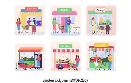 People in grocery store with fresh food, fruits, vegetables. Rich and poor buyers and visitors in food market, bakery and farm product store. Tramp begging rich people on street. Richness and poverty