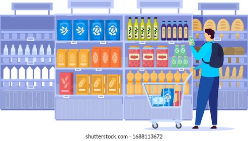 People in grocery store, line at cash desk, supermarket customers, vector illustration. Men and women buying groceries in shop. Customers cartoon characters, scene from grocery store or supermarket