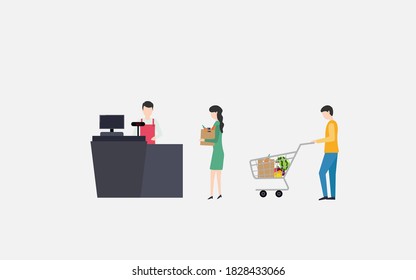 People in grocery store, line at cash desk, supermarket customers, vector illustration.