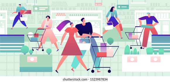 People in grocery store. Men and women with shopping carts and bags buy food products in supermarket. Retail vector concept