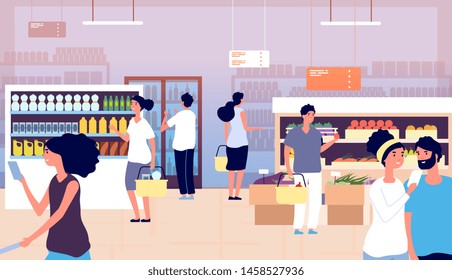 People in grocery store. Persons buy food, vegetables in supermarket. Shopping customers choosing products. Cartoon vector concept. Grocery market with food, store and shop retail illustration